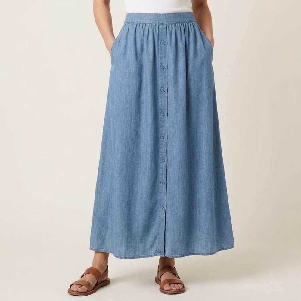 NEW Christopher & Banks Maxi Skirt 12 Blue Lyocell Button Front Boho Modest Midi